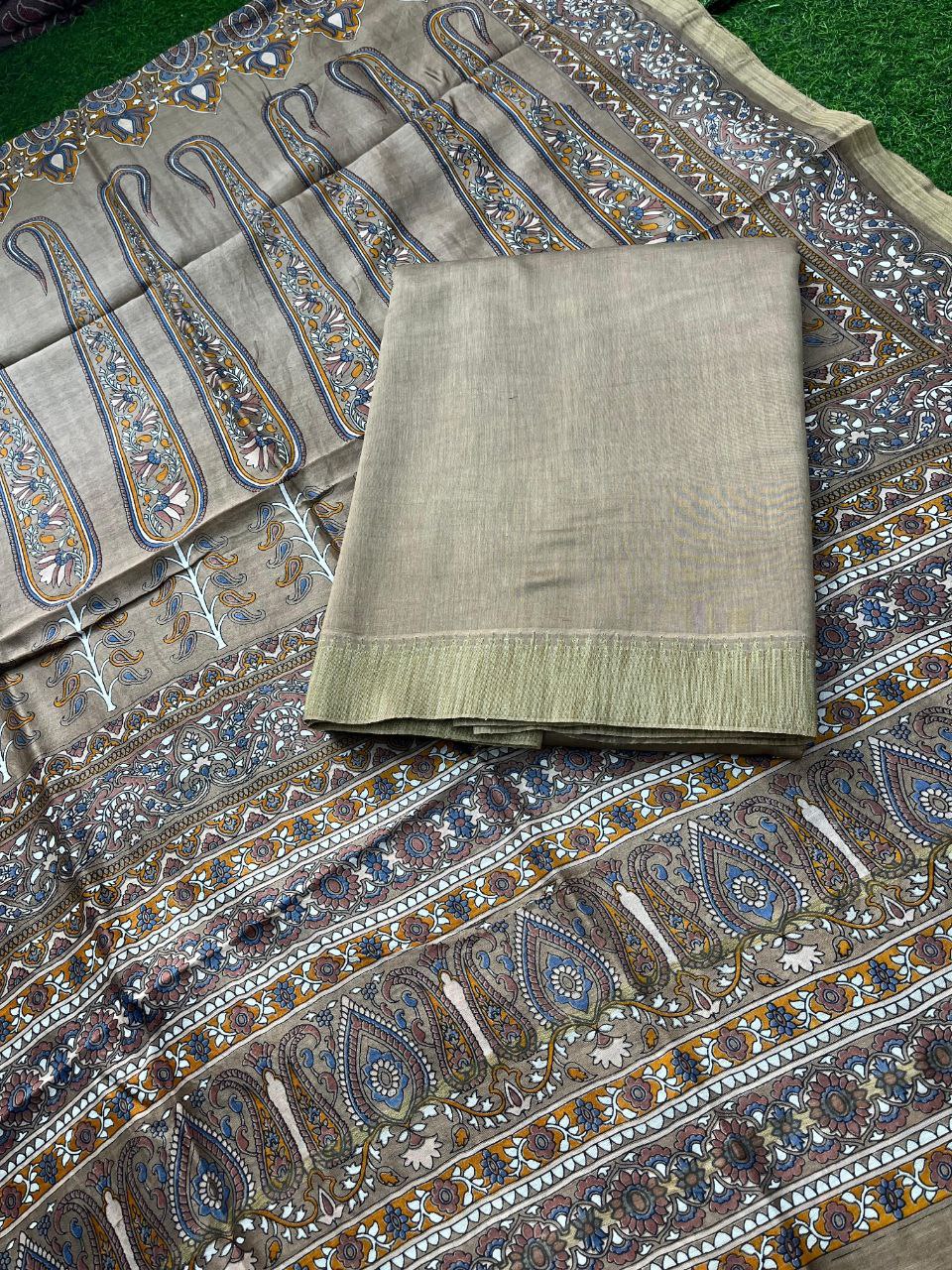 Pure Maheshwari Silk Suit with Zari/Gichha/Khaddhi border - Chikoo Color