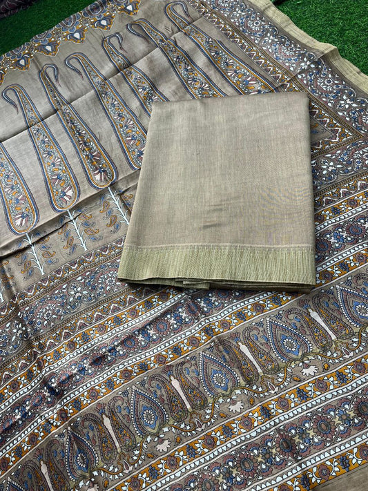 Pure Maheshwari Silk Suit with Zari/Gichha/Khaddhi border - Chikoo Color