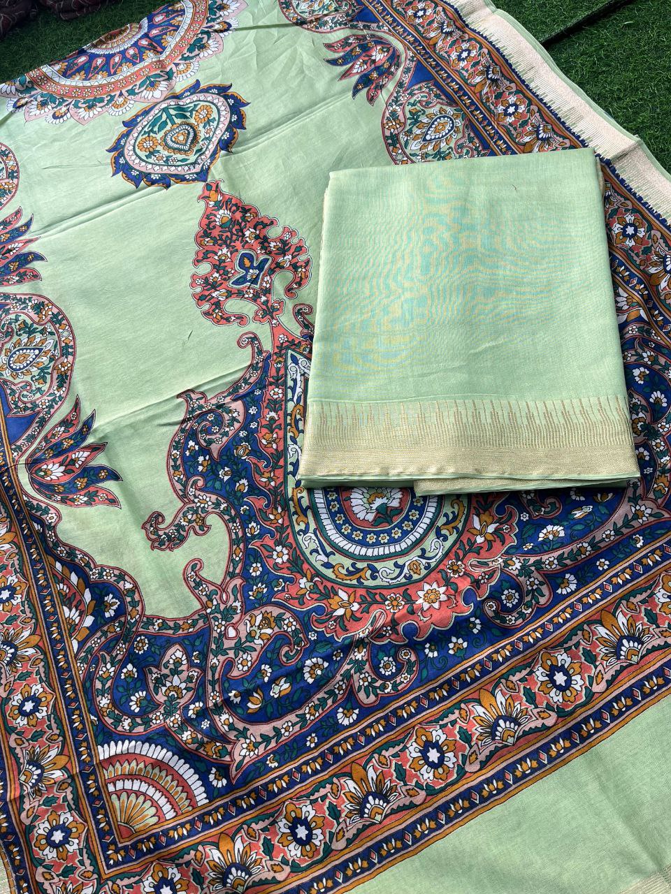 Pure Maheshwari Silk Suit with Zari/Gichha/Khaddhi border - Sea Green