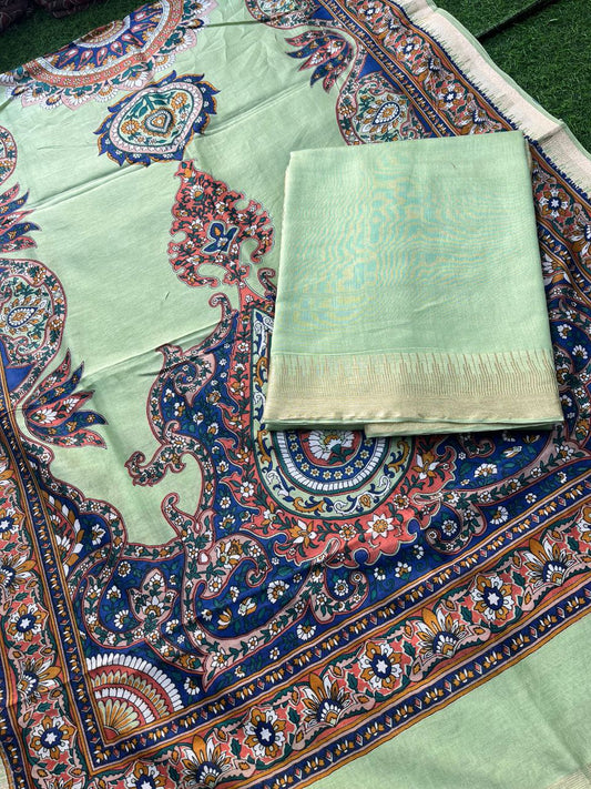 Pure Maheshwari Silk Suit with Zari/Gichha/Khaddhi border - Sea Green