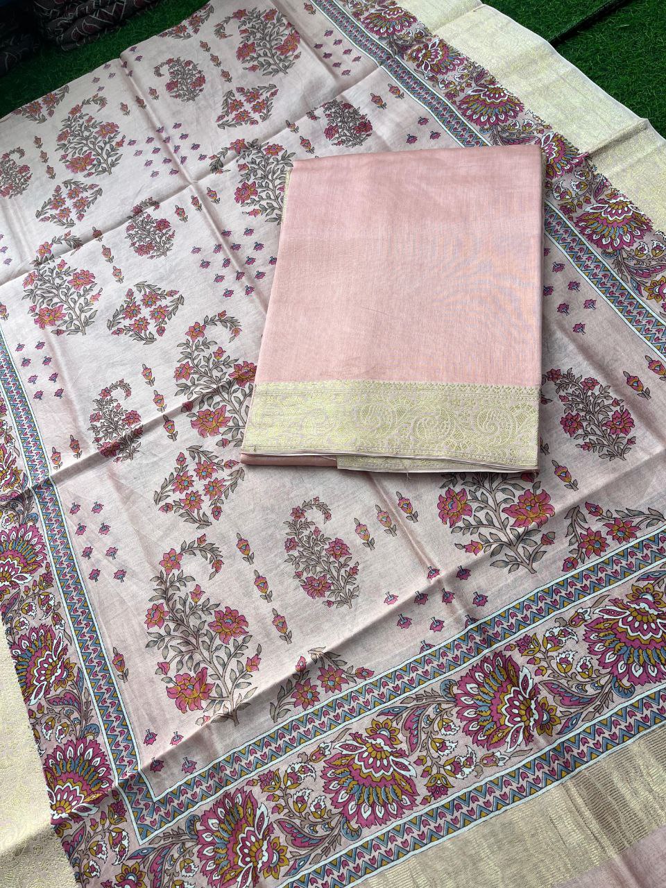 Pure Maheshwari Silk Suit with Zari/Gichha/Khaddhi border - Rose Pink