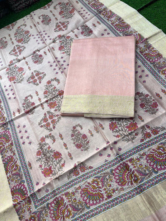 Pure Maheshwari Silk Suit with Zari/Gichha/Khaddhi border - Rose Pink