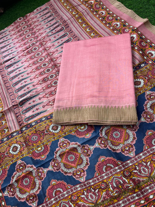 Pure Maheshwari Silk Suit with Zari/Gichha/Khaddhi border - Rose Pink