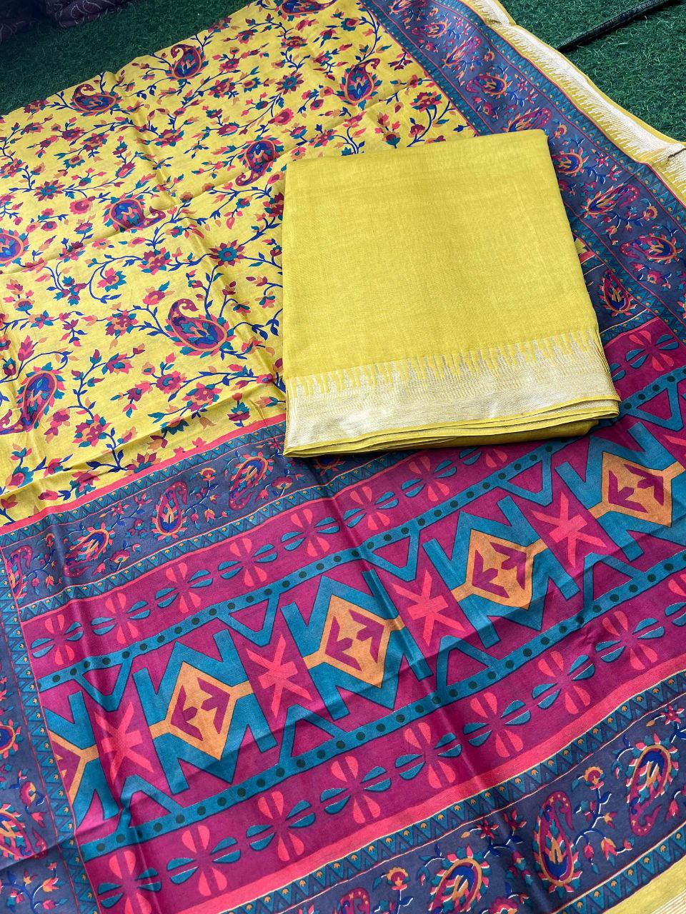 Pure Maheshwari Silk Suit with Zari/Gichha/Khaddhi border - Yellow