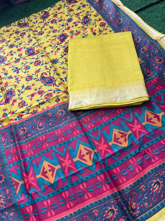 Pure Maheshwari Silk Suit with Zari/Gichha/Khaddhi border - Yellow
