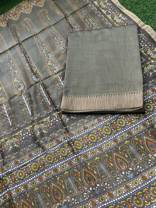 Pure Maheshwari Silk Suit with Zari/Gichha/Khaddhi border - Grey