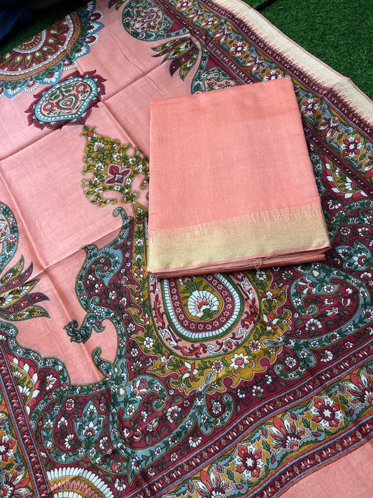 Pure Maheshwari Silk Suit with Zari/Gichha/Khaddhi border - Peach