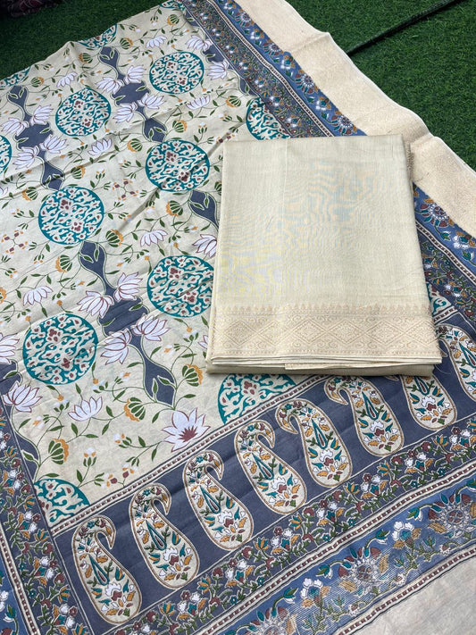 Pure Maheshwari Silk Suit with Zari/Gichha/Khaddhi border - Biege