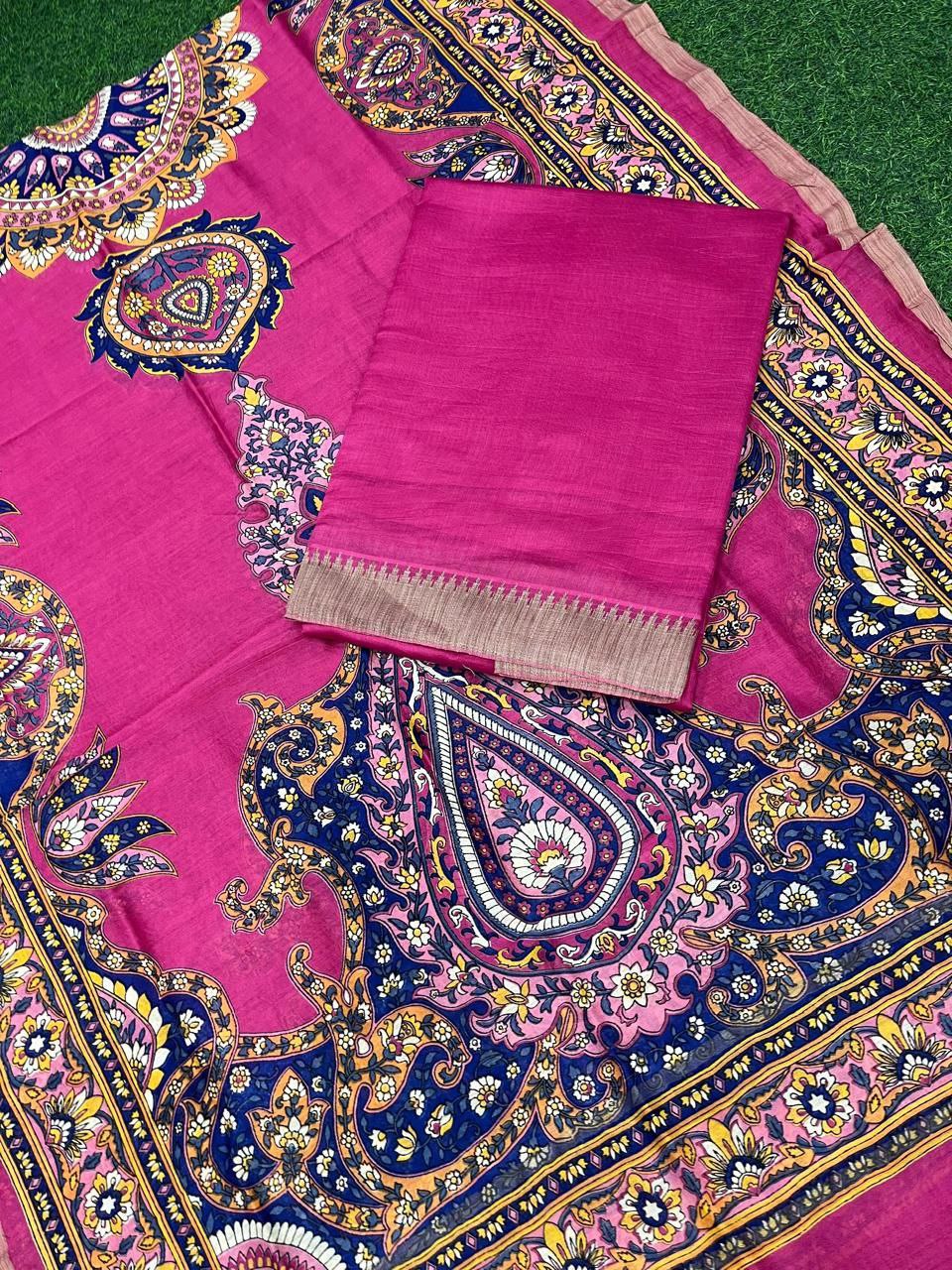 Pure Maheshwari Silk Suit with Zari/Gichha/Khaddhi border - Rani Color