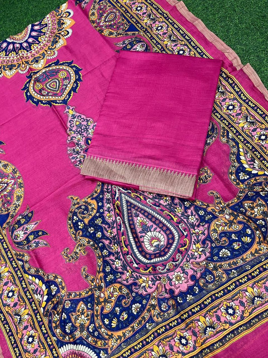 Pure Maheshwari Silk Suit with Zari/Gichha/Khaddhi border - Rani Color