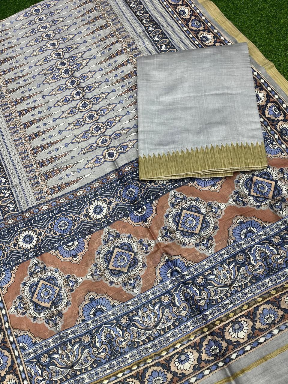 Pure Maheshwari Silk Suit with Zari/Gichha/Khaddhi border - Light Grey