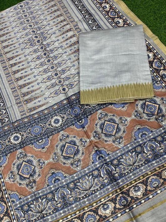 Pure Maheshwari Silk Suit with Zari/Gichha/Khaddhi border - Light Grey