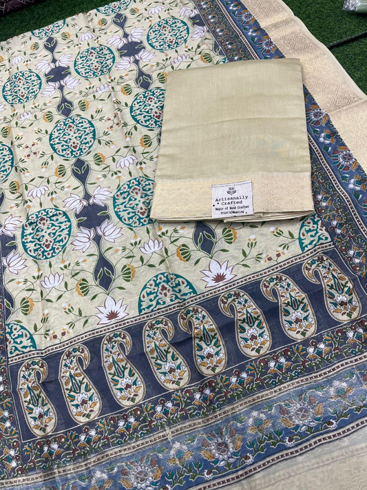 Pure Maheshwari Silk Suit with Zari/Gichha/Khaddhi border - Biege